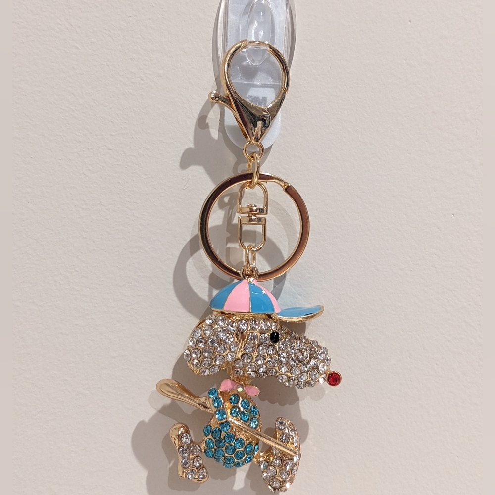 Snoopy Peanuts Bling Rhinestone Keychain Bag Charm With Pink & Blue Cap, NEW